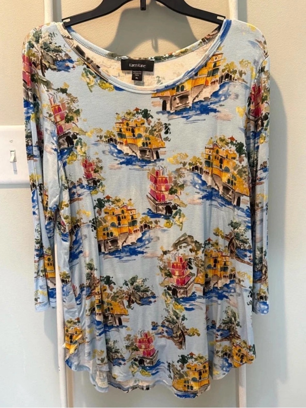 Karen Kane Pale Blue Scenic Print Long Sleeve Tee